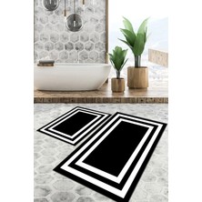 Mabeba Tekstil Siyah Beyaz Köşeli Dijital Baskı Yıkanabilir Kaymaz Kaydırmaz Taban Modern Banyo Paspası