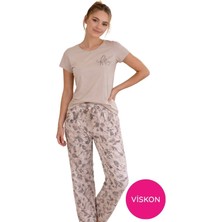 Seamlife Kadın Bej Yaprak Desenli Düğmesiz Bisiklet Yaka Kısa Kol Slim Fit Yazlık Homewear Pijama Takımı