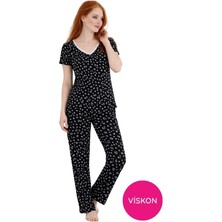 Seamlife Kadın Siyah Çiçek Desenli Düğmesiz Bisiklet Yaka Kısa Kol Slim Fit Yazlık Homewear Pijama Takımı