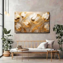 Artprinta Altın Detaylı Beyaz Çiçek Kanvas Tablo – Lüks ve Modern Panoramik Duvar Dekoru