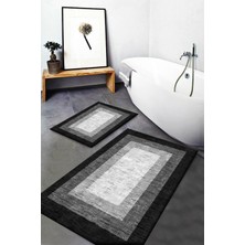 Mabeba Tekstil Gri Siyah Beyaz Kutulu Desenli Yıkanabilir Kaymaz Banyo Paspası 2'li Klozet Takımı Halısı
