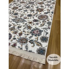 NarStore Home Otantik Çiçekli Desen Saçaklı Mavi Krem Kaymaz Taban Yıkanabilir Kesme Yolluk Halı
