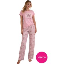 Bie's Kadın Pembe Kurdele Desenli Düğmesiz Bisiklet Yaka Kısa Kol Slim Fit Yazlık Homewear Pijama Takımı