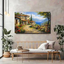 Artprinta Akdeniz Manzaralı Kanvas Tablo – Panoramik Taş Ev ve Deniz Temalı Duvar Dekoru