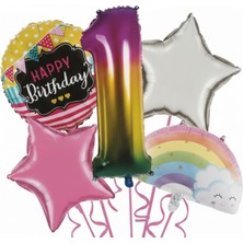 1 Yaş Folyo Balon Doğum Günü Parti Seti 5 Parça Gökkuşağı Yıldız Tema