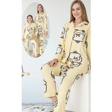 Angel Valeska Civciv Desenli Düğmeli Uzun Kollu Anne Kız Pijama Takımı