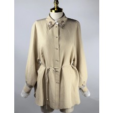 MY312 Bej Renk Dantelli Taşlı Çizgili Gömlek