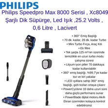 Philips Speedpro Max 8000 Serisi , XC8049 Şarjlı Dik Süpürge, LED Işık  + Xiaomi Akıllı Baskül Hediye