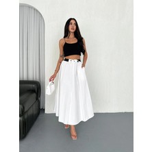 Boom Bester Yüksek Bel Bağcıklı Poplin Maxi Etek – Premium Dökümlü Uzun Etek