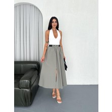Boom Bester Yüksek Bel Bağcıklı Poplin Maxi Etek – Premium Dökümlü Uzun Etek