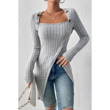 Akman Kadın Gri Düğme Detaylı Kare Yaka Fitilli Asimetrik Etekli Uzun Kollu Bluz