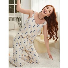 Akman Kadın Ekru Mavi Kalp Desenli Yumuşak Pamuklu Uzun Pijama Takımı 5137