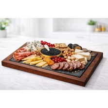 Stone Edition Ceviz Ağacı Çerçeveli Doğal Bazalt Steak Sunum Tabağı I Peynir Sunum Tabağı