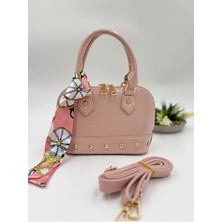 Kadın Pembe Rugan Fular Detaylı El ve Omuz Çantası – Krokodil & Kırışık Rugan Deri