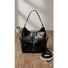 Kadın Siyah Astarlı Çok Fermuarlı 5 Bölmeli Tasarım Hobo Geniş Iç Hacimli Omuz ve El Çantası