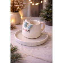 Pitaya Sanat El Yapımı Kedi Kulaklı 3D Fiyonk Detaylı Seramik Kahve Fincanı & Tabak Set