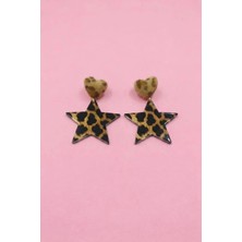 Leopar Desenli Yıldız Sallantılı Peluş Detaylı Kadın Küpe