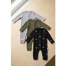 Noone 3'lü Bebek Tulum Seti - Fitilli Pamuklu Ayı Desenli ve Düz Renk Tulum Takımı