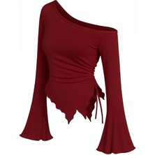 Akman Kadın Bordo Uzun Ispanyol Kollu Asimetirik Yaka Yandan Bağlamalı Drapeli Bluz