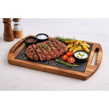 Stone Edition Ceviz Ağacı Çerçeveli Doğal Bazalt Steak Sunum Tabağı I Peynir Sunum Tabağı I Tatlı Sunum Tabağı