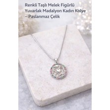 Renkli Taşlı Melek Figürlü Yuvarlak Madalyon Kadın Kolye – Paslanmaz Çelik