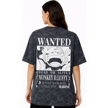 Sevbano Wanted Monkey D. Luffy One Piece Anime Sırt Baskılı Unisex Oversize Eskitme Yıkamalı Tişört