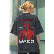 Sevbano Tasarım Justin Bieber Şarkıcı Sırt Baskılı Unisex Oversize Eskitme Yıkamalı Tişört