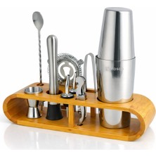 10 Parça Avantajlı Kokteyl Seti – Ahşap Standlı Boston Shaker (750 Ml)