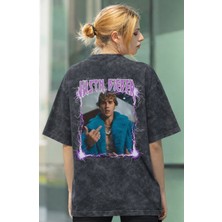 Sevbano Justin Bieber Şarkıcı Sırt Baskılı Unisex Oversize Eskitme Yıkamalı Tişört
