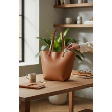 Rafiel Taba Suni Deri Görünümlü Geniş Omuz Çantası - Minimalist Büyük Tote Çanta