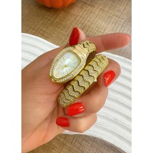 Captiva Altın Renk Taş Kaplama Beyaz Kadran Yılan Saat Dolamalı Saat