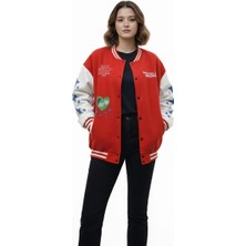 Glam Love Kırmızı Varsity Çıtçıtlı Baskılı Oversize Kalıp Kolej Ceket - Kırmızı