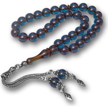 İntora Gümüş Püsküllü Deniz Mavisi Yuvarlak Sıkma Kehribar Tesbih