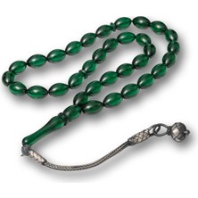 İntora Gümüş Yeşil Kazaz Püsküllü Sıkma Kehribar Tesbih