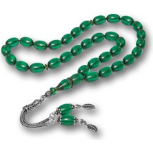 İntora Gümüş Püsküllü Yeşil Ateş Kehribar Tesbih