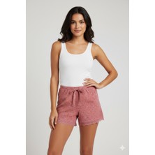 Toyigoo Düz Renk Mini Çiçek Desenli Penye Kadın Ev Şortu Bacak Dantel Detaylı Ev Giyim Pembe TYG-84037