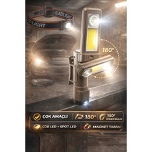 Mustran Şarjlı El Feneri Kafa Lambası Manyetik 180° Döner Cob LED Gün Işığı Beyaz