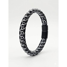 Elegantrend Black Titanium Hematit Doğal Taş & Deri Erkek Bileklik – Manyetik Kilitli Premium Tasarım