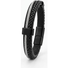 Elegantrend Steelcraft Siyah Deri & Çelik Örgü Erkek Bileklik – Manyetik Kilitli Premium Tasarım
