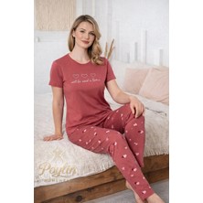 Işılay Poylin Homewear Kadın %100 Pamuklu Milan Kumaş Sıfır Yaka Kalp Desenli Pijama Takımı