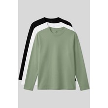 Standart Fit Basic O Yaka  3lü Paket Siyah-Beyaz-Kaktüs Erkek T-Shirt  87997