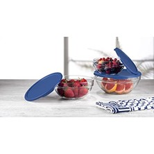 MarkEntegra Kapaklı Cam Saklama Kabı Seti, 3'lü, Mavi Renk