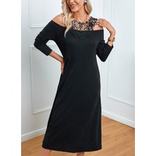 Kendim Fashion Kadın Uzun Kollu Yaka Önü Güpürlü Madonna Yaka Viskon Midi Boy Elbise