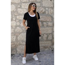 Kendim Fashion Kadın Kısa Kollu Içi Atlet Görünümlü Yandan Yırtmaçlı Uzun Viskon Elbise