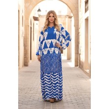 Modanı Seç Mavi Kayık Yaka Balon Kollu Desenli Uzun Elbise