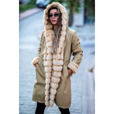 Modanı Seç Bej Su Geçirmez Kapüşonlu Içi Kürklü Uzun Kaban