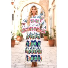 Modanı Seç Beyaz Volanlı Kol Önden Düğmeli Eteği Kat Kat Tropikal Desenli Uzun Elbise