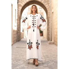 Modanı Seç Beyaz Sıfır Yaka Balon Kollu Otantik Nakışlı Uzun Elbise