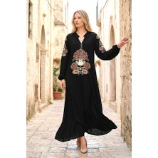Modanı Seç Siyah Önü ve Kolları Otantik Nakışlı Püsküllü Balon Kol Uzun Elbise