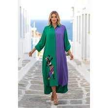 Modanı Seç Yeşil Mor Garnili Eteği Kadın Figürü Nakışlı Uzun Gömlek Elbise